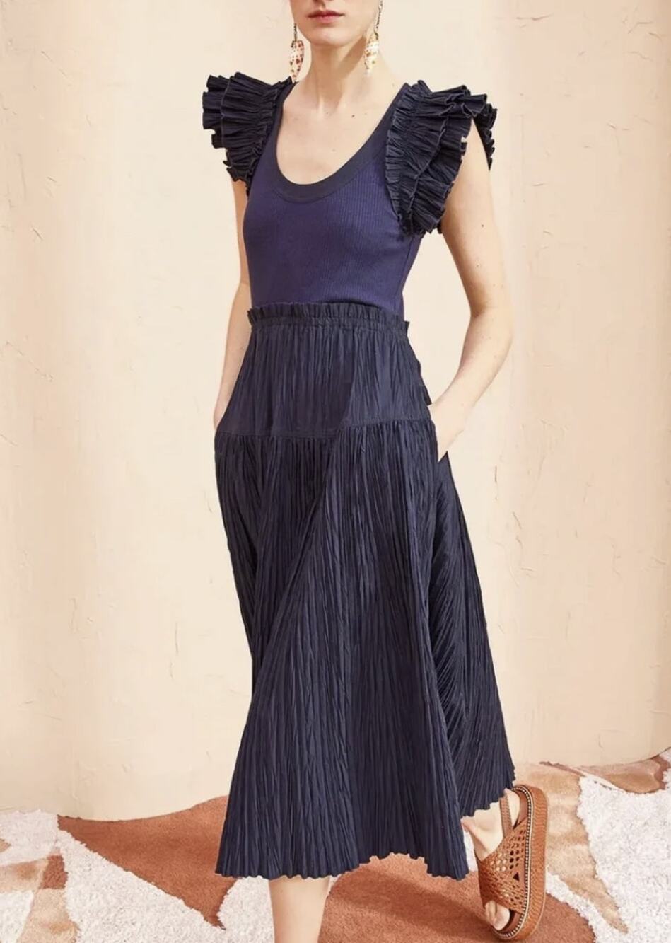 NWT Ulla Johnson Virginia Pleated Midi Dress in Midnight Blue
